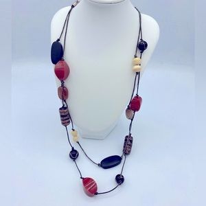 Chicos Brand Red Moon Boho Mix Beaded(Venetian, Acrylic And Wood) Cord Necklace